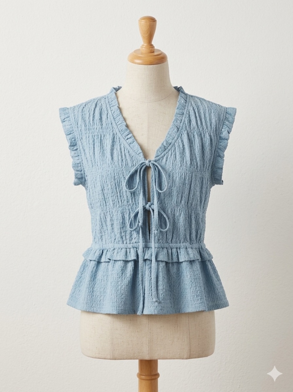 Time and Tru Light Blue Tie-Front Peplum Ruffle Top